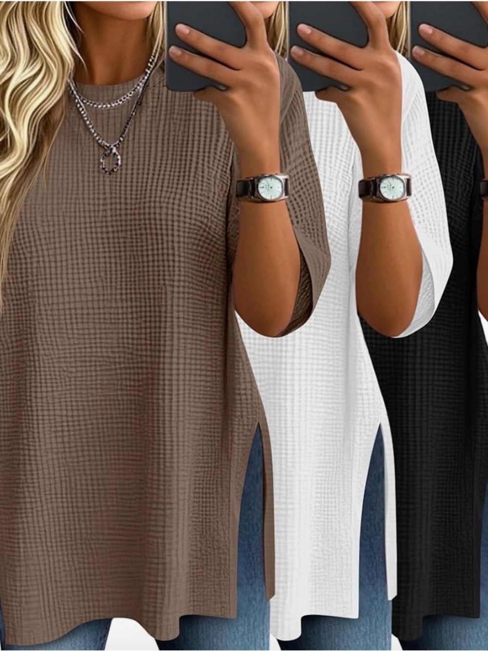 Waffle-Knit Side-Slit Tunic Top - Brown